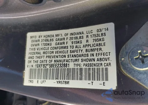 2014 Honda Civic Lx from USA, damaged, VIN 19XFB2F58EE232881